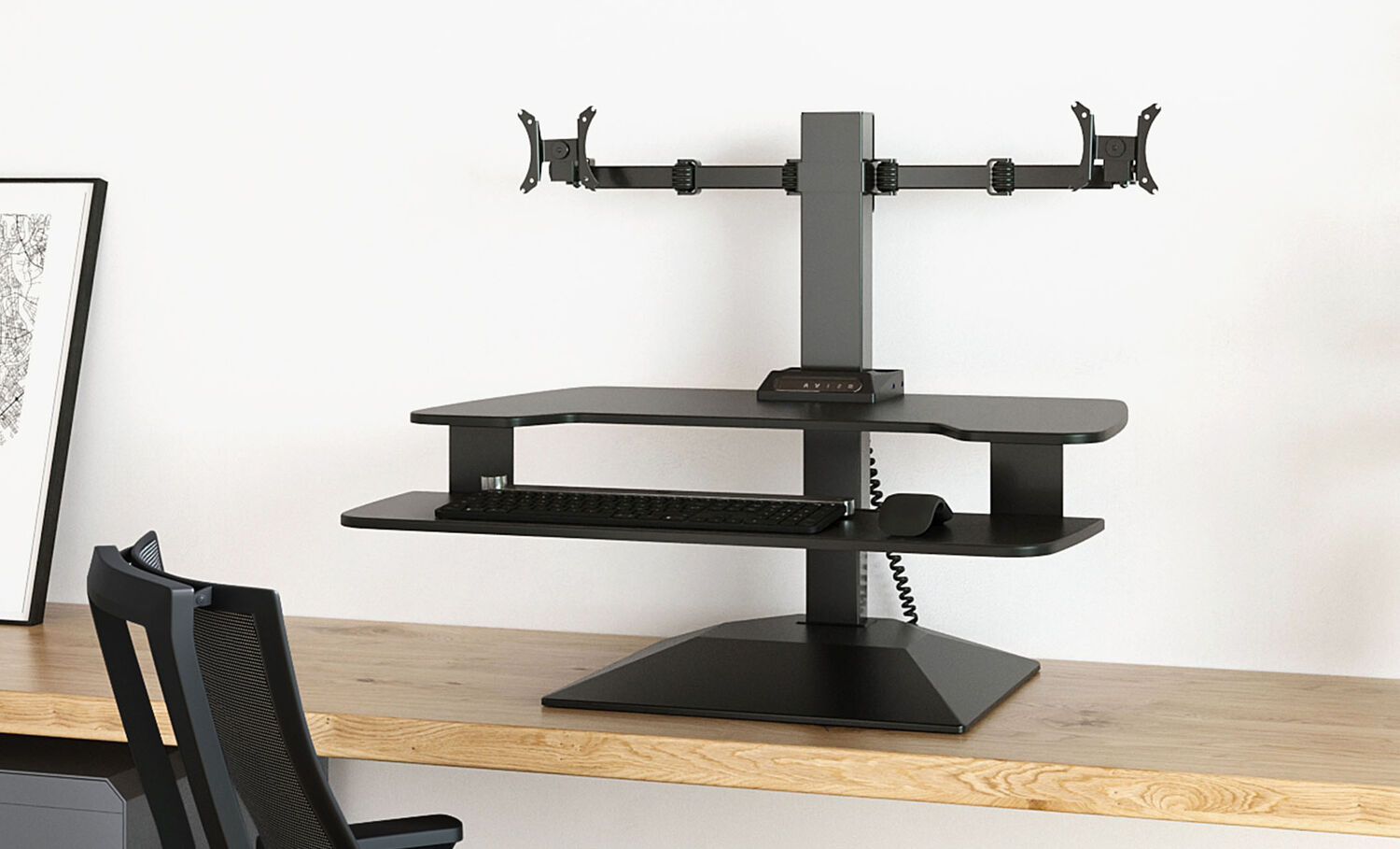 Close up view of the premier electric monitor mount that converts the electric single monitor to a dual monitor