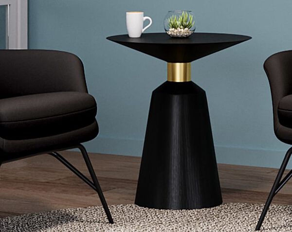 pedestal side table with coffee cup ontop in office setting