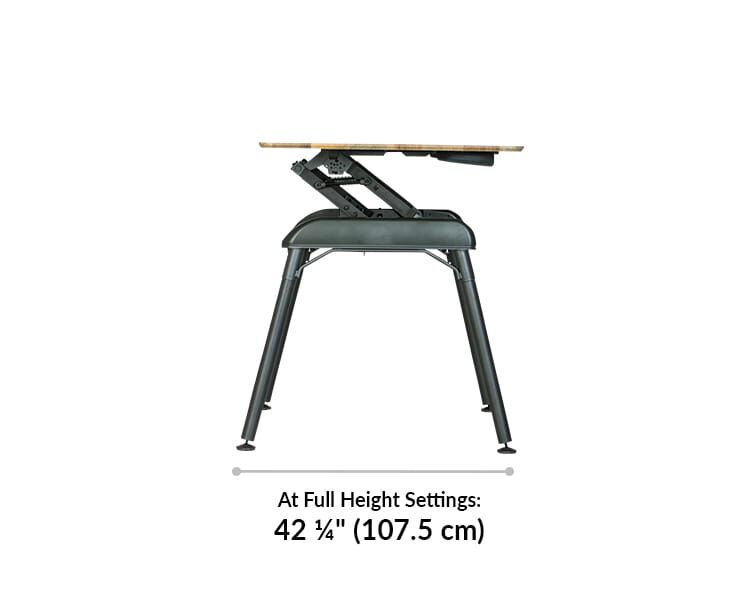At full height setting, the top of the desk comes towards the user, and takes up a total of 42 and a quarter inches in depth from front of desk to back of base.
