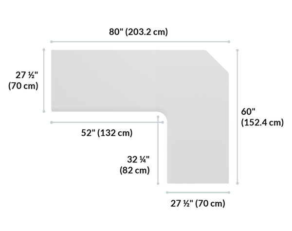 l shape electric standing desk eighty by sixty is eighty inches wide and sixty inches deep 