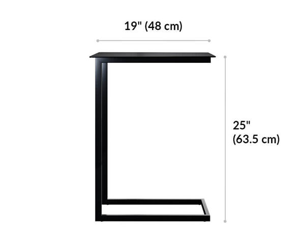 laptop side table is 25 inches tall. Surface is 19 inches wide. 