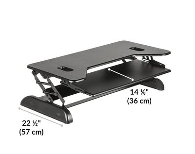 VariDesk Cube Plus 40 base length 22 and a half inches or 57 centimeters. Keyboard deck length 14 and 1 eighth inches or 36 centimeters.