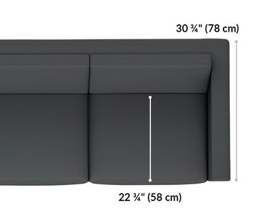 three seat sofa is 30 and 3 quarter inched deep and the seat is 22 and 3 quarter inches deep