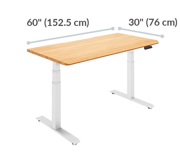 A walnut electric standing desk with a rectangular surface measuring 40 inches (101.5 cm) in width and 26 inches (66 cm) in depth.