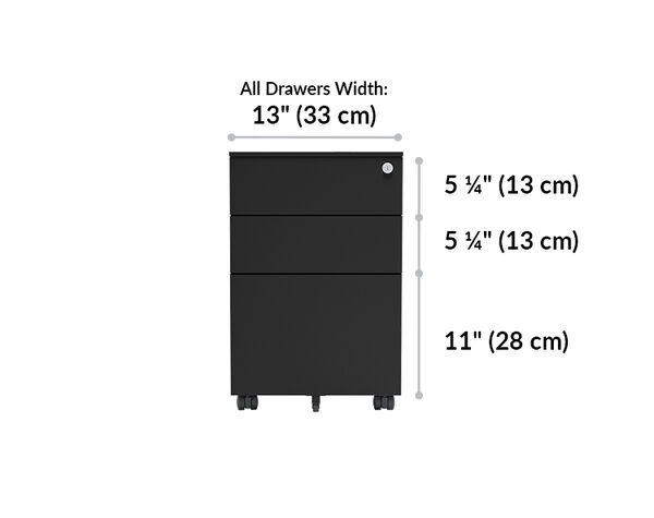 all drawers are 13 inches wide. first two drawers are 5 inches tall and last drawer is 11 inches tall