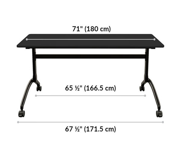 flip top training table 6 foot is 71 inches wide. Leg width is 65 and a half inches and 57 and a half inches.