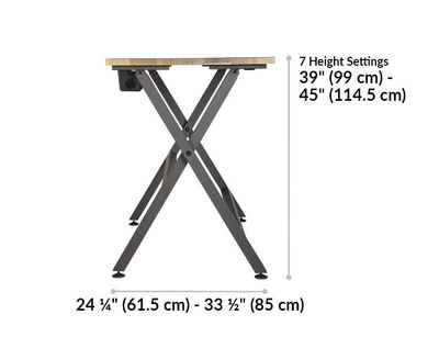 Standing Work Table height settings range from 39 to 45 inches. Feet width ranges from 24 and a quarter to 33 and a half inches.