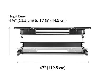Varidesk Cube Plus 48 height 4 and a half inches or 11 and a half centimeters to 17 and one half inches or 44 and a half centimeters. Base width 47 inches or 119 and one half centimeters.