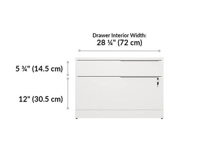 executive lateral file cabinet drawer width is 28 and a quarter inches. Top drawer is 5 and 3 quarter inches tall and bottom drawer is 12 inches tall.