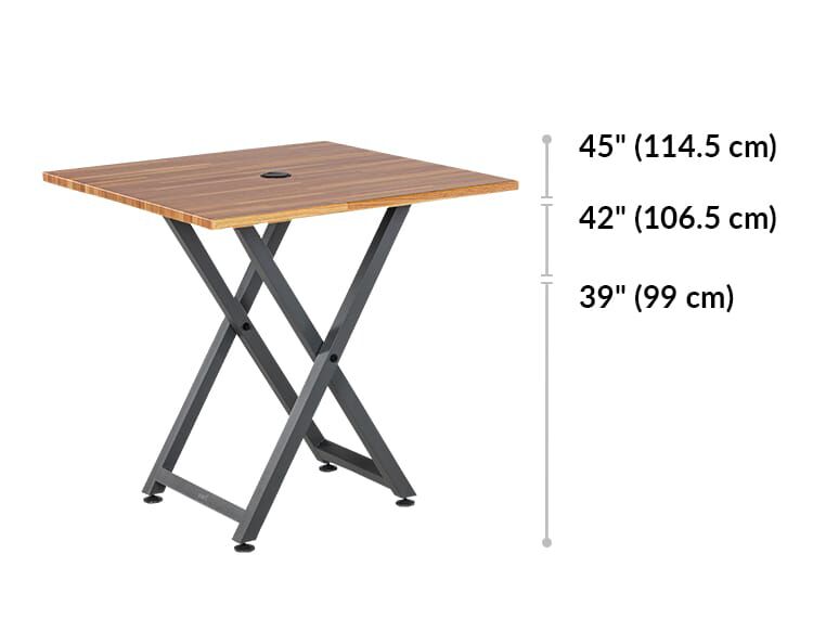 standing meeting table has three different height adjustments from 39 to 45 inches tall