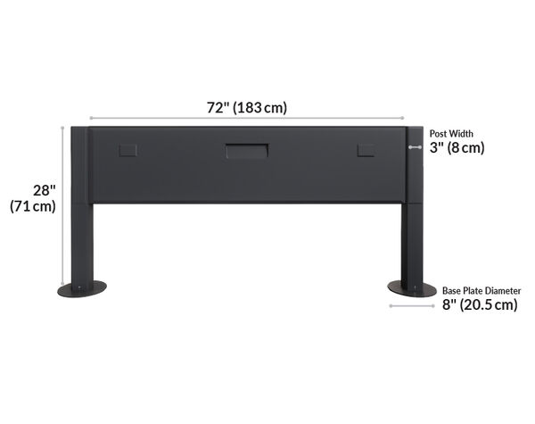power beam 72 is 72 inches wide, 28 inches tall, and 3 inches deep, with a base plate diameter of 8 inches.