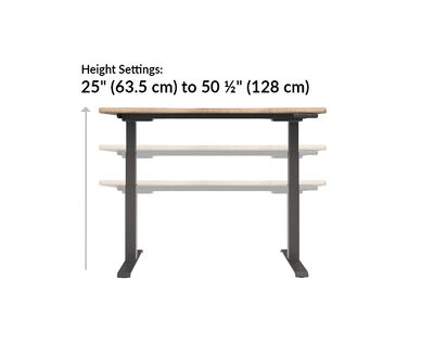 The Ergo Electric Standing Desk 54x26 height ranges from 25 inches to 50.5 inches