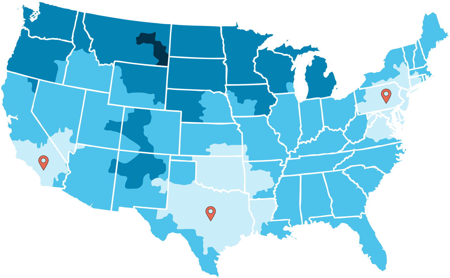 map showing the contiguous US with three distribution locations in southern calfornia, northern texas, and pennsylvania. Areas nearest to these distribution locations can expect transit time of 1-2 days for shipping. Areas farthest from the distribution locations can expect transit times of 4-5 days for shipping.The map is a general representation of transit times. Deliveries may be delayed by unplanned events including weather and inventory availability. To inquire about expected delivery transit times for your order, please call us at 1-800-207-2587.