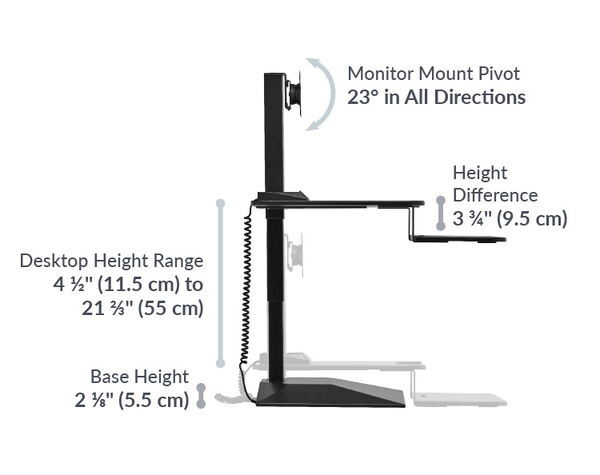 Desktop height range of the premier single monitor converter ranges from 4 and a half inches tall to 21 and two thirds tall