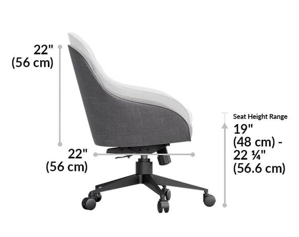 upholstered desk chair is 22 inches tall and 22 inches deep. Seat height range is 19 to 22 and a quarter inches