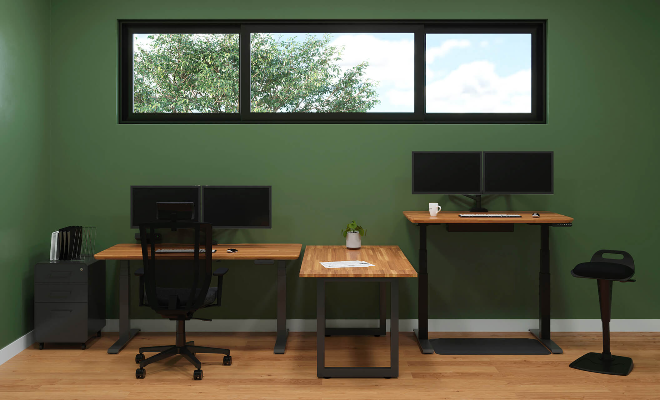 two work setups against a wall and side by side  image