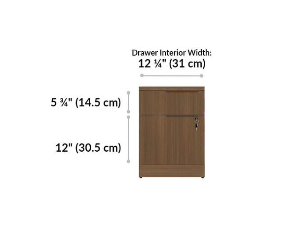 executive file cabinet drawers are 12 and a quarter inches wide. Top drawer is 5 an three quarter inches tall and bottom drawer is 12 inches tall