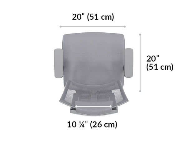 task chair with headrest seat is 20 inches wide and 20 inches long. Headrest is 10 and a quarter inches wide.