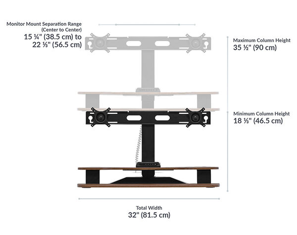 Dimension image shows that the maximum monitor width for rotation to vertical orientation is 24 inches and the base depth is 15 and three quarter inches deep and the base width is 19 and five eights wide