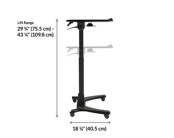 Side view of the mobile desk showing the tabletop tilted flat and angled up in a faded overlay, with dimension lines indicating a base depth of eighteen and one-quarter inches and a lift range of twenty-nine and three-quarter inches to forty-three and one-quarter inches.