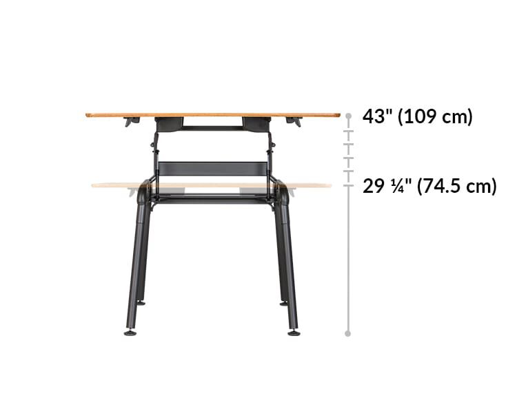 height settings range between 29 and a quarter inches and 43 inches off the ground.