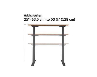The base of the Electric Standing Desk 48x30 Darkwood goes from 25.5 inches to 50.5 inches tall