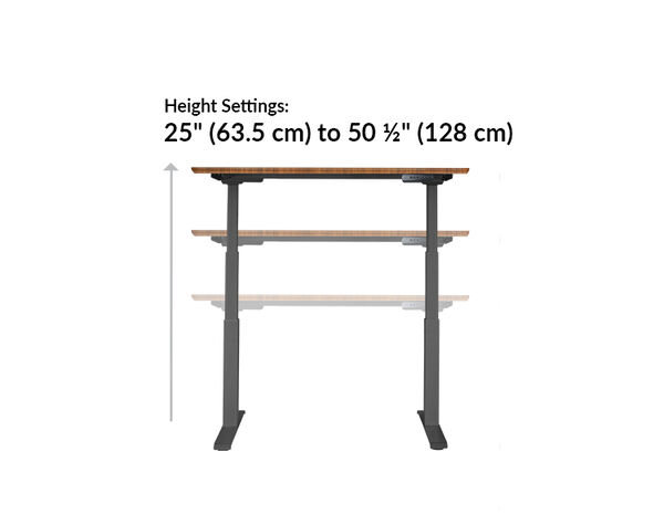 The base of the Electric Standing Desk 48x30 Darkwood goes from 25.5 inches to 50.5 inches tall