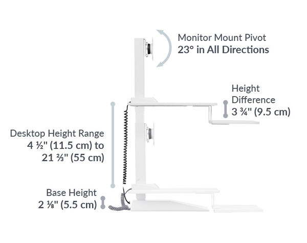 Desktop height range of the premier single monitor converter ranges from 4 and a half inches tall to 21 and two thirds tall