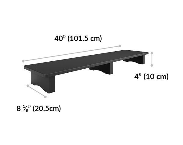 vari desk shelf is 40 inches wide, 8 and one eighth inches deep and 4 inches tall