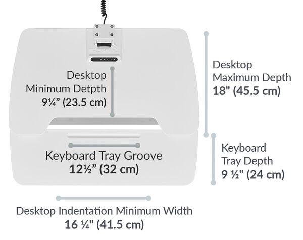 Dimension image shows that the desktop iminmum depth is 9 and a quarter inches deep and the keyboard tray depth is 9 and a half inches deep