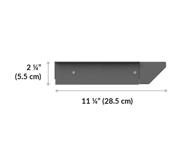 side view of vari desk drawer is 2 and a quarter inches tall and total wide of 11 and a quarter inches