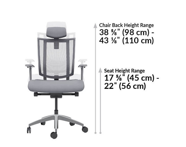task chair with headrest chair back height range is 38 inches to 43 inches. Seat height range is from 18 inches to 22 inches.