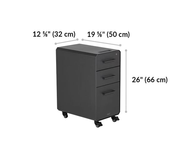 slim file cabinet is 26 inches tall, 19.63 inches deep, and 12.63 inches wide