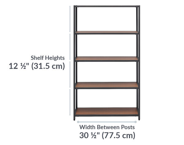 vari 5-tier shelf is 12 and a half inches tall between each shelf and 30 and a half inches wide from post to post