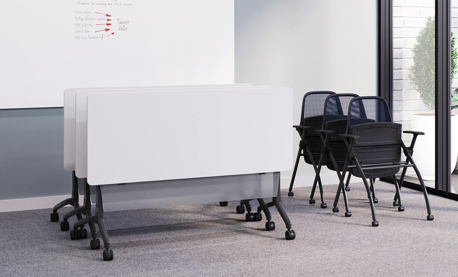Vari flip top training table modesty panel attached on nested flip top training tables