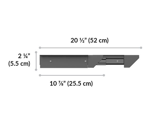 side view of vari desk drawer is 2 and a quarter inches tall and total wide of 11 and a quarter inches