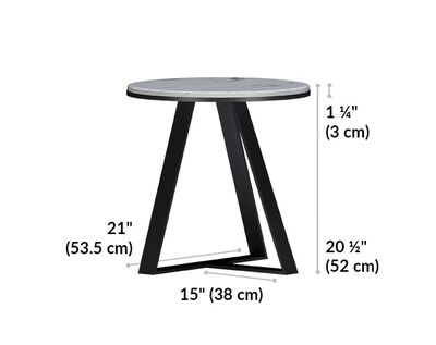 small nesting table is 20 and a half inches tall with a tabletop thickness of 1 and a quarter inches. Long leg is 21 inches long and the small leg is 15 inches long.