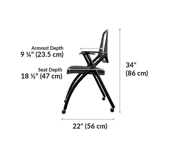 nesting training chair height is 34 inches. Armrest depth is 9 and a quarter inches, seat depth is 18 and a half inches. Total depth is 22 inches.  