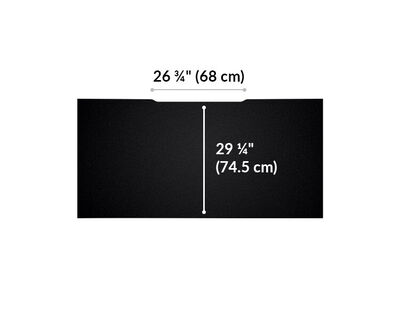 black table 60x30 monitor arm space is 26 and a quarter inches wide. Depth from space to end of table is 19 and quarter inches deep.