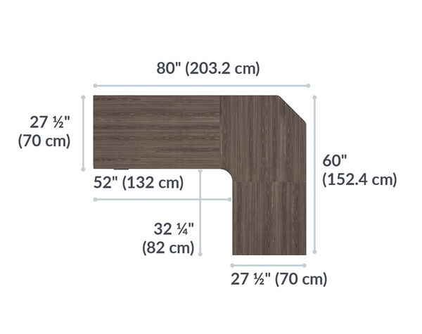 L-Shape Electric Standing Desk 72x30 espresso wood is 80 inches wide and 60 inches deep
