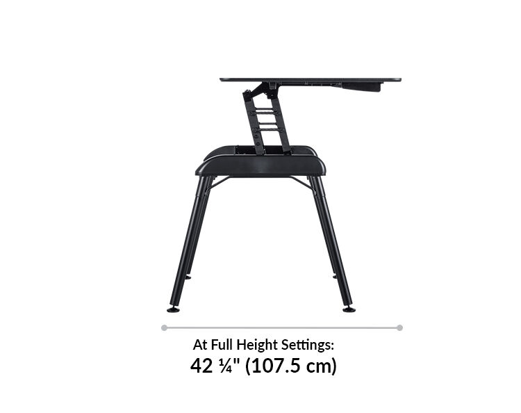 At full height setting, the top of the desk comes towards the user, and takes up a total of 42 and a quarter inches in depth from front of desk to back of base.