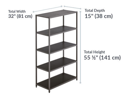 vari 5 tier shelf has a total height of 55 and a half inches and a total depth of 15 inches