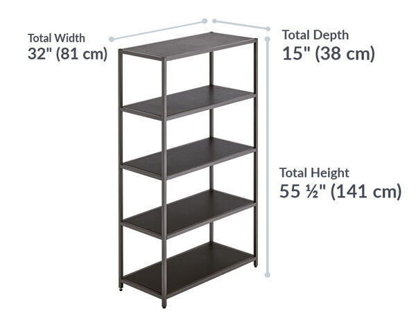 vari 5 tier shelf has a total height of 55 and a half inches and a total depth of 15 inches