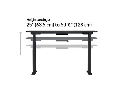 Vari electric standing desk height settings range from 25 to 50 and a half inches