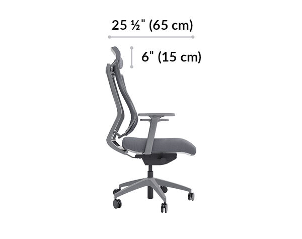 task chair with headrest is 25 and a half inches deep. Headrest is 6 inches tall