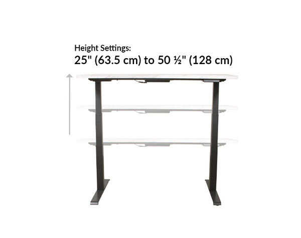 The base of the Electric Standing Desk ComfortEdge™ 60x30 Marble with Slate Legs goes from 25 inches to 50.5 inches tall