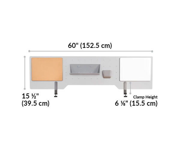 acrylic accessory panel is 60 inches wide, 15 and half inches tall. Clamp is 6 and one eight inches tall