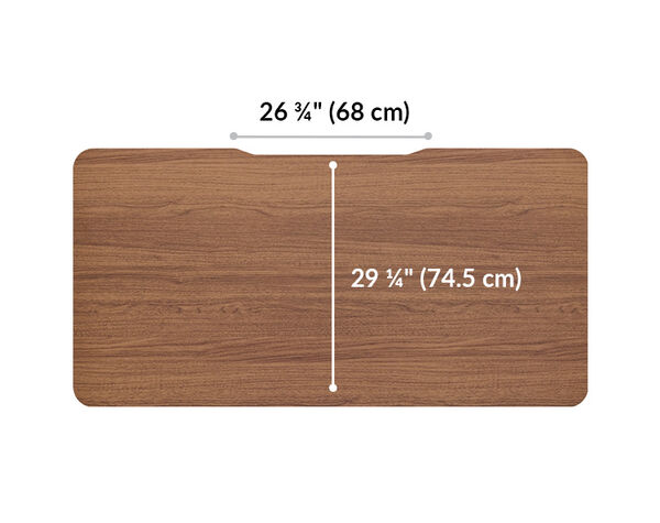 Vari electric standing desk monitor mounting space is 26 and 3 quarter inches wide. Tabletop from mounting space is 29 and a quarter inches long. 