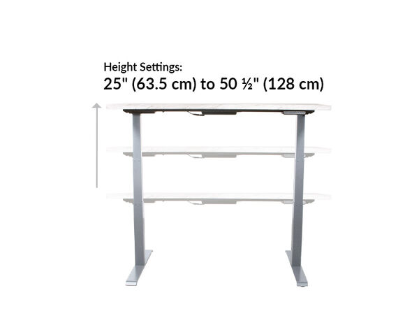 The base of the Electric Standing Desk ComfortEdge™ 60x30 Marble with Silver Legs goes from 25 inches to 50.5 inches tall