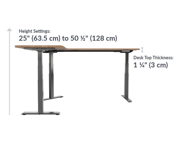 The L-Shape Electric Standing Desk Walnut is 25 inches to 50 and a half inches high